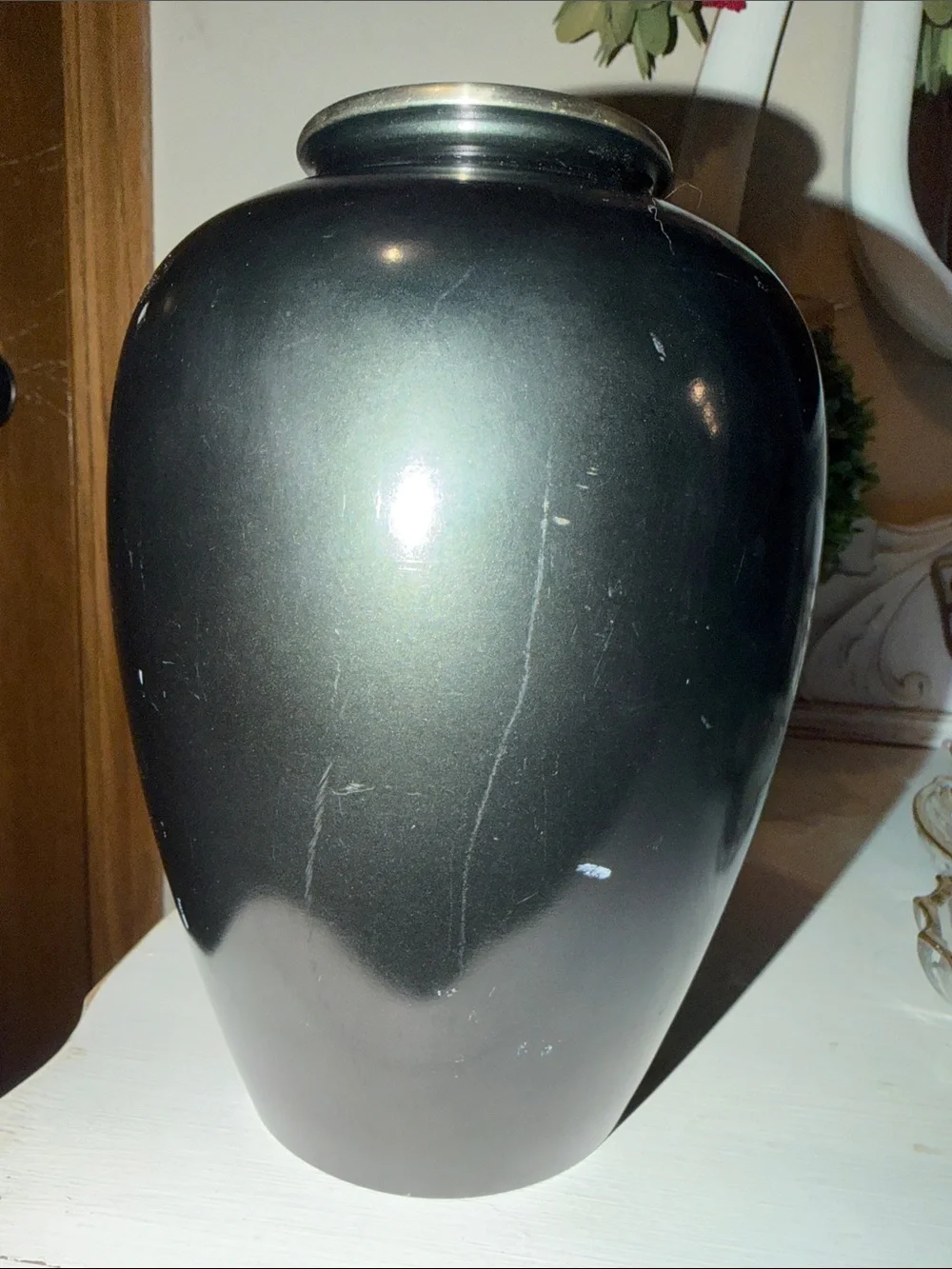 Vintage Japanese Black Mixed Metal Vase Flying Cranes Ikebana Urn